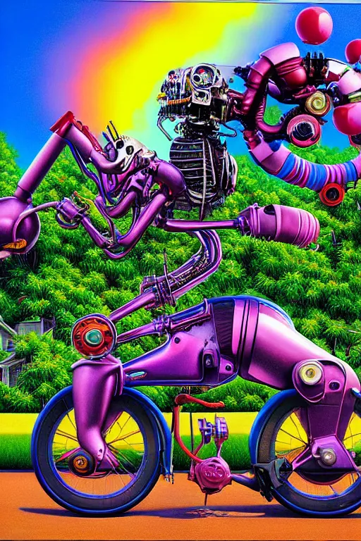 Prompt: a hyperrealistic painting of a mechanical motorcycle creature in a suburban neighborhood on a sunny day, by chris cunningham and richard corben, lisa frank, highly detailed, vivid color,