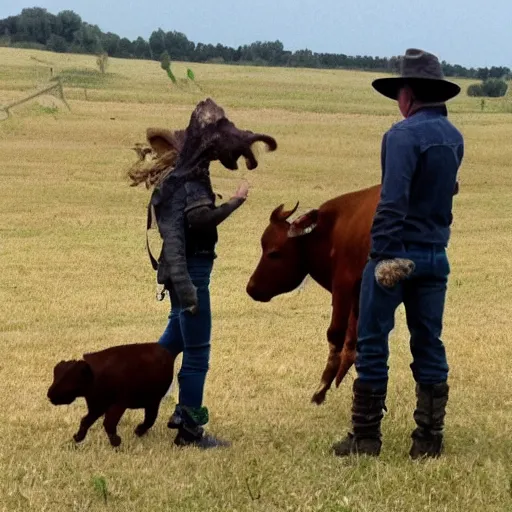 Prompt: aliens kidnapping cows but they've been spotted by a farmer and it got really embarrassing