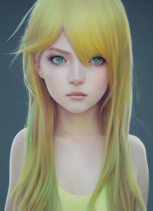 Image similar to the most beautiful cute anime girl portrait pastel yellow coloured hair, extremely detailed green eyes, professional 3 d visualisation in pastel colours, by wlop, intricate linework, trending on artstation, unreal engine 5 highly rendered