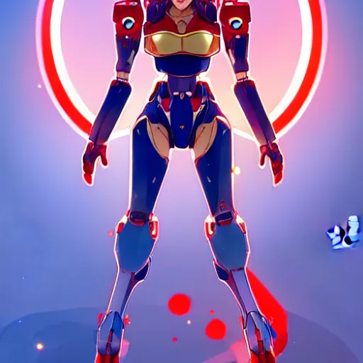 Image similar to digital anime art, wlop, rossdraws, sakimimichan, very small cute girl standing on a large table, red mech arms and red mech legs,