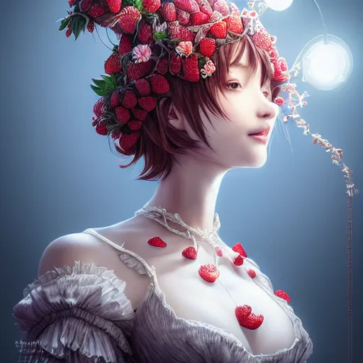 Image similar to the portrait of an absurdly beautiful, graceful, elegant, sophisticated, fashionable young gravure idol made of strawberries and white petals, an ultrafine hyperdetailed illustration by kim jung gi, irakli nadar, intricate linework, bright colors, octopath traveler, final fantasy, unreal engine 5 highly rendered, global illumination, radiant light, detailed and intricate environment