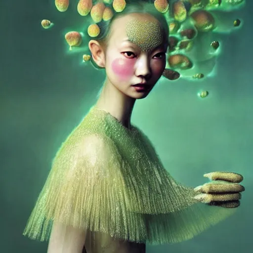 Image similar to asian female wearing luminous jelly fish armor. soft, fragile. by ray caesar. by louise dahl - wolfe. by andrea kowch. by anna claren. surreal photography