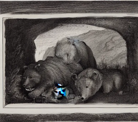 Image similar to viewer looking into dark cave and seeing a mother bear and her cubs sleeping, night time, artwork by Pieter Claesz, cross hatching, framed painting,