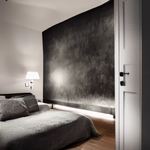 Prompt: a photo of a bedroom shot from the bathroom shot at night with art of the wall, dark and moody lighting, highly detailed