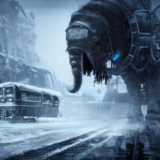 Image similar to an intricate futuristic black steam train and a giant mammoth, post - apocalyptic ice landscape in snowstorm, concept art, artstation, highly detailed, digital art