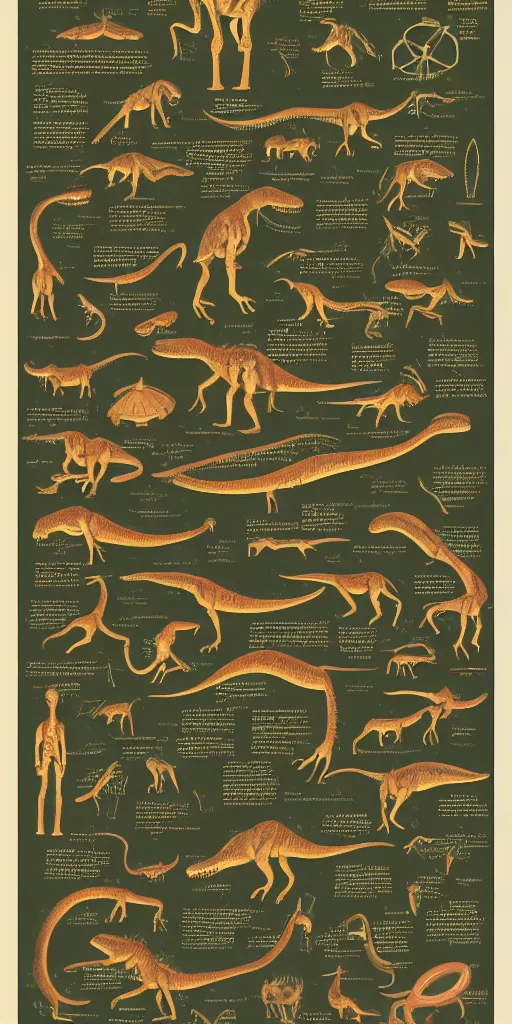 Image similar to anatomy of a dinosaur, diagrams, map, marginalia, sketchbook, old script, inhabited initials, pastel infographic by Wes Anderson and victo ngai