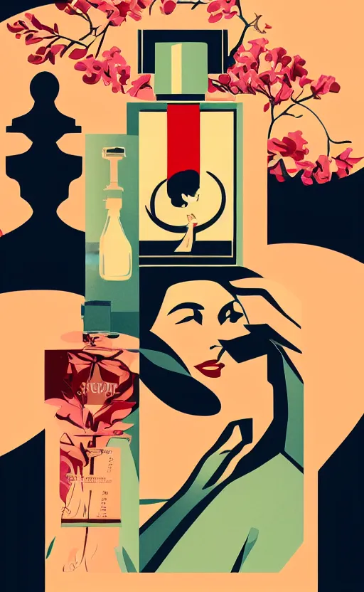 Image similar to illustration, close - up photo with beautiful bottle of perfume near nose, sniffing the aroma, an art deco painting by tom whalen, digital illustration, storybook illustration, grainy texture, flat shading, vector art, airbrush, pastel, watercolor, poster