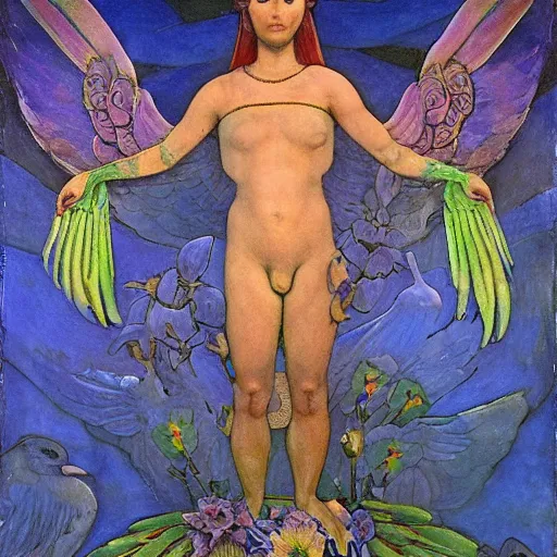 Image similar to the raven gods, by Annie Swynnerton and Nicholas Roerich and Diego Rivera, bioluminescent skin, tattoos, wings made out of flowers, elaborate costume, geometric ornament, symbolist, cool colors like blue and green and violet, smooth, sharp focus, extremely detailed