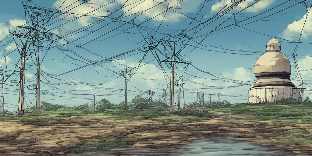 Prompt: round white dome and power lines, by a river and fields, art station, digital art, Studio Ghibli