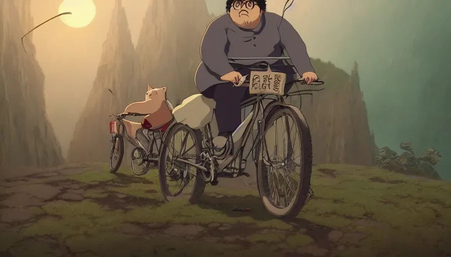 Image similar to the last fat catrider, comedy, graphic art, rgba, 8 k hd resolution, pinterest, dynamic character, 8 k character details, concept art, 8 k ultra realistic, intricate details, ultra detailed, reduce character duplication, in style of hayao miyazaki, by studio ghibli