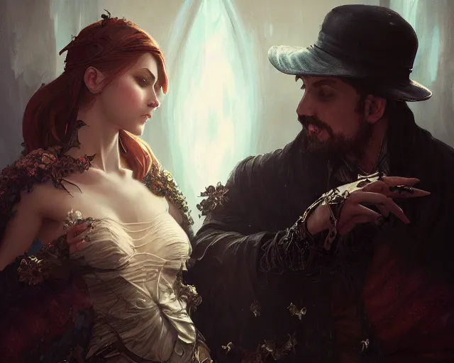 Image similar to photography of two people in gothic party, deep focus,, fantasy, intricate, elegant, highly detailed, digital painting, artstation, concept art, matte, sharp focus, illustration, hearthstone, art by artgerm and greg rutkowski and alphonse mucha