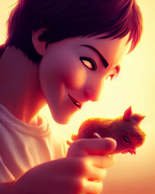 Image similar to movie still macro close photo of anonymous holding pork to mouth, by weta disney pixar greg rutkowski wlop ilya kuvshinov rossdraws artgerm octane render iridescent, bright morning, liosh, mucha