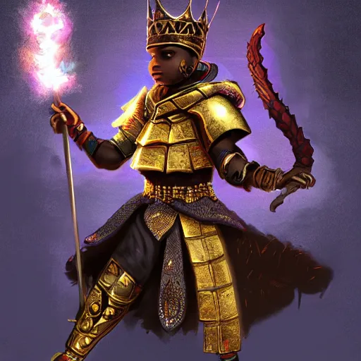 Image similar to a young black boy dressed like an african moorish warrior in gold armor and a crown with a ruby, and a glowing weapon, charging through a dragons lair, for honor character digital illustration portrait design, by adi granov in a cyberpunk style, dramatic lighting, wide angle dynamic portrait