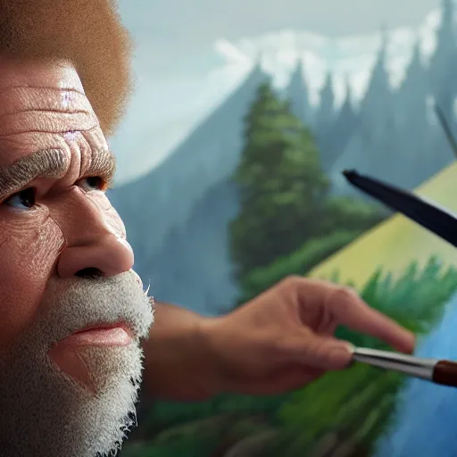 Image similar to a closeup photorealistic photograph of bob ross working on a canvas painting of deadpool. film still. brightly lit scene. mountains and trees. this 4 k hd image is trending on artstation, featured on behance, well - rendered, extra crisp, features intricate detail, epic composition and the style of unreal engine.