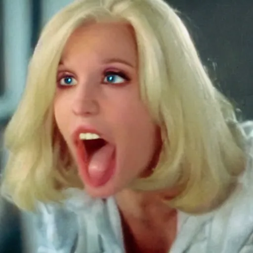 Prompt: obsessed blonde woman reaction image, movie still