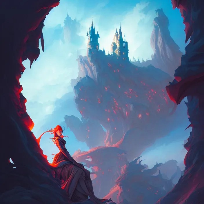 Prompt: style artgerm, joshua middleton, jesper ejsing, twisted castle in hell, very long wirey spires, fire swirling, detailed, cave setting, volumetric lighting