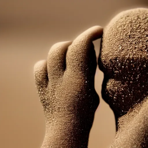 Image similar to a hand holding a face made of sand vanishing, photorrealistic, 8 k