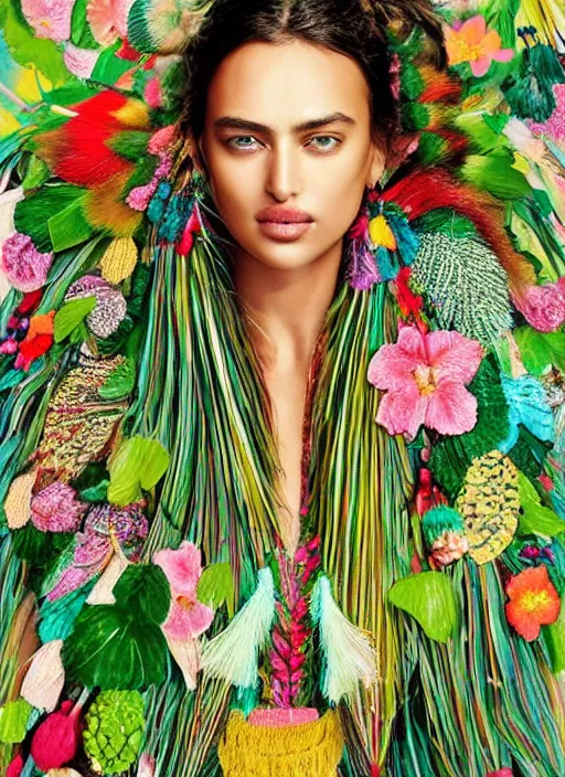 Prompt: beautiful portrait of Irina Shayk wearing fantastic Hand-dyed cotton dress, embellished beaded feather decorative fringe knots ,colorful pigtail,subtropical flowers and plants,symmetrical face,intricate,elegant, highly detailed, 8k,post-processing,digital painting, trending on pinterest, GUCCI,PRADA,concept art, sharp focus, illustration, by artgerm,Tom Bagshaw,Lawrence Alma-Tadema,greg rutkowski,alphonse Mucha