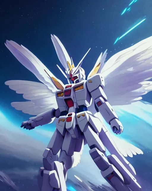 Image similar to highly detailed vfx portrait of an angelic gundam with wings of feathers beam saber fighting in space with a beam gun, unreal engine, greg rutkowski, loish, rhads, beeple, makoto shinkai and lois van baarle, ilya kuvshinov, rossdraws, tom bagshaw, alphonse mucha, global illumination, detailed and intricate environment