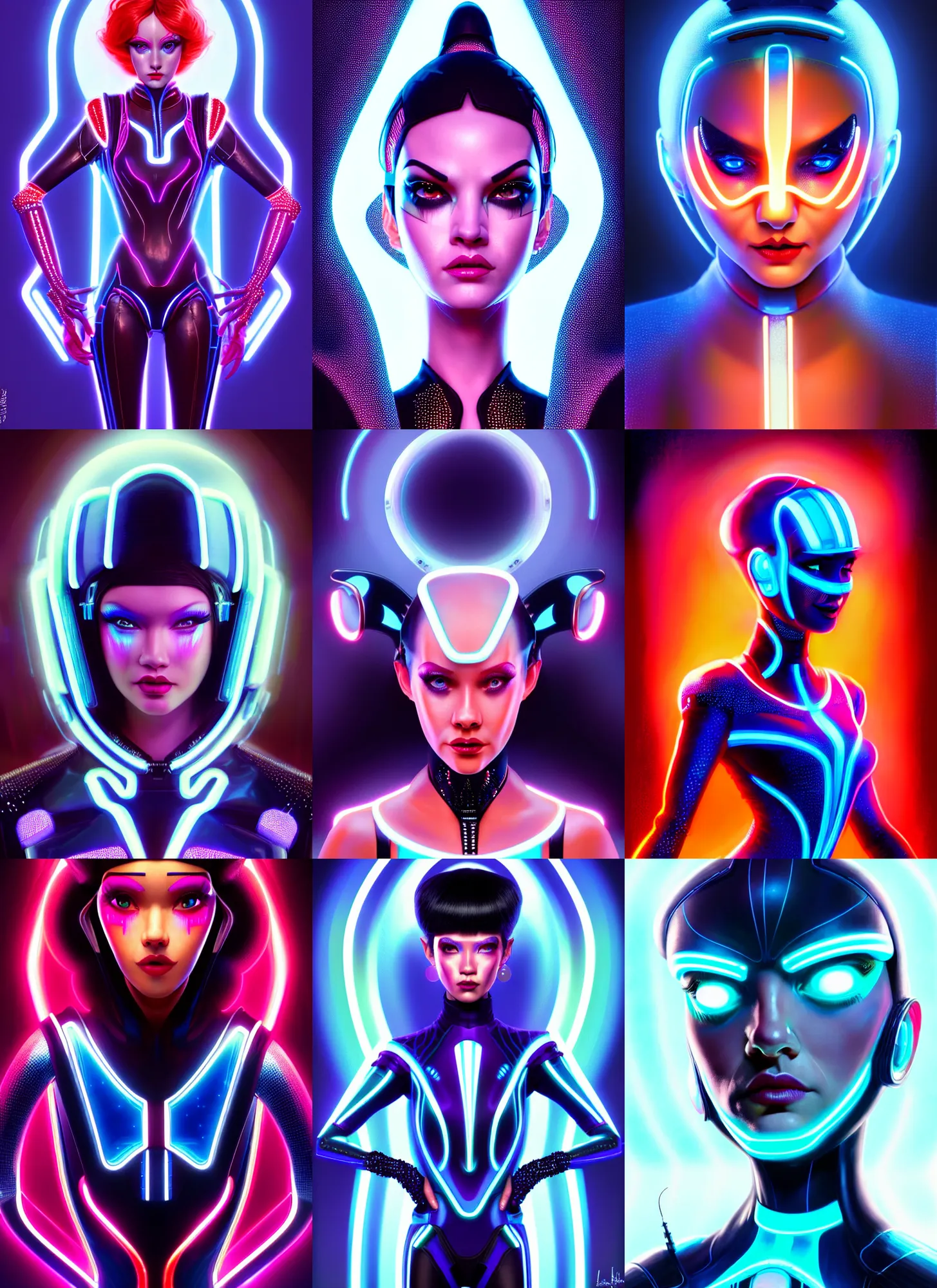 Prompt: tron : : disney weta portrait, soft lustrous biotech raver white clowncore cyborg, bling, hi - fructose, sci - fi fantasy cyberpunk intricate decadent highly - detailed digital painting, ever after high, octane render, artstation, concept art, smooth, sharp focus, illustration, artgerm, mucha, loish, wlop