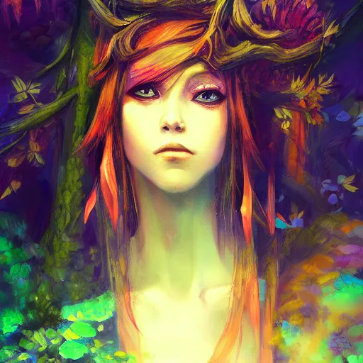 Prompt: fantasy girl mage in a forest, dramatic fantasy art, by yoshitaka amano, trending on artstation, 4 k, expressive oil painting, close - up face portrait, vivid colors