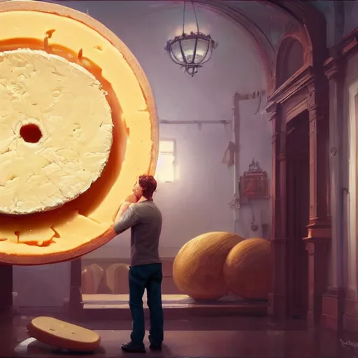 Image similar to mark zuckerberg eating an entire wheel of cheese, highly detailed vfx portrait, unreal engine, greg rutkowski, loish, rhads, caspar david friedrich, makoto shinkai and lois van baarle, ilya kuvshinov, rossdraws, elegent, tom bagshaw, alphonse mucha, global illumination, detailed and intricate environment.