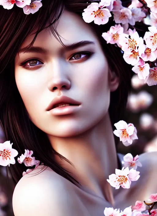 Image similar to photo of a gorgeous female with messy hair in the style of stefan kostic, realistic, body shot, sharp focus, 8 k high definition, insanely detailed, intricate, elegant, art by stanley lau and artgerm, cherry blossoms