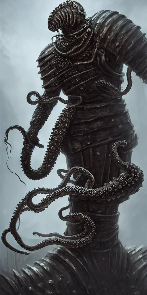 Prompt: a medieval knight slowly transforming into a tentacle monster, matte oil painting, steel armor set, concept art, dnd, clear, crisp, sharp, gauntlets, eldritch, award - winning, extremely detailed, 4 k, 8 k