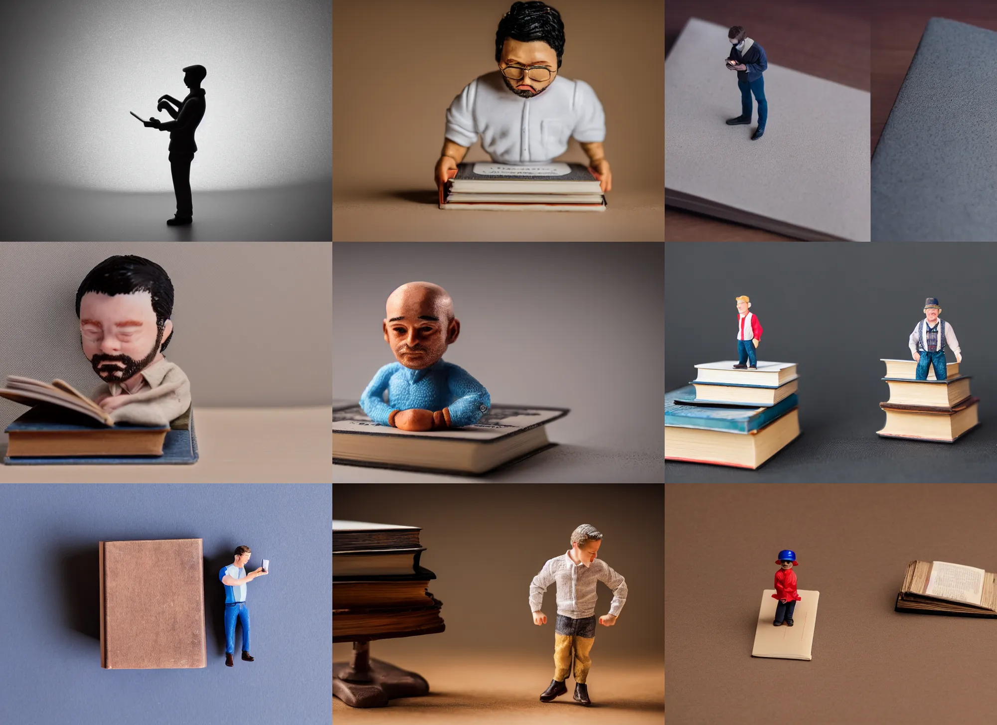 Prompt: photo still of miniature man on a book, 8 k, studio lighting bright ambient lighting key light, 8 5 mm f 1. 8