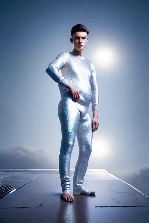 Image similar to un ultra high definition studio quality photographic art portrait of a young man standing on the rooftop of a british apartment building wearing very soft baggy inflated padded silver iridescent pearlescent clothing. three point light. extremely detailed. golden ratio, ray tracing, volumetric light, shallow depth of field. set dressed.