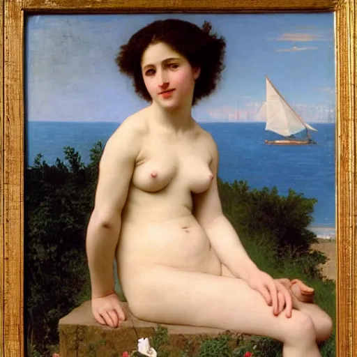 Prompt: Goddess Venus Sitting by the Sea in the style of William Adolphe Bouguereau and Jackson Pollock