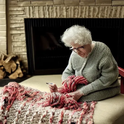 Image similar to an old woman knits a sweater made out of writhing worms in a rocking chair in front of a fireplace, horror movie still