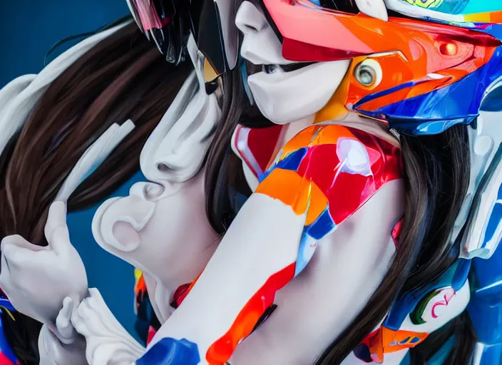 Image similar to extremely beautiful close up portrait photo of a white marble statue of an anime girl with colorful motocross logos and motorcycle helmet with closed visor, colorful smoke in the background, carved marble statue, fine art, neon genesis evangelion, virgil abloh, offwhite, denoise, highly detailed, 8 k, hyperreal