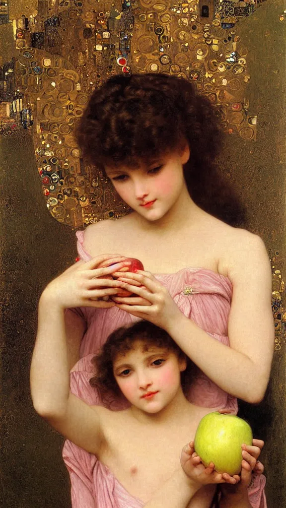 Image similar to painting portrait of a beautiful girl with an apple in her hand, intricate, elegant, digital painting, smooth, sharp focus, shiny gold, realistic gold, realistic metal, by William-Adolphe Bouguereau and Gustav Klimt,