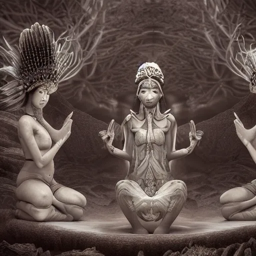 Prompt: mushroom goddess with extremely elegant headdress with group of elders in a ceremony for plant medicine, beautiful, hiroya oku, yoshitaka amano, alex grey, black and white, beautiful lighting, cinematic still, quantum gravity 3 d render, 8 k