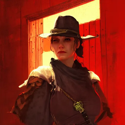 Image similar to portrait of a bandit woman, drawn by ruan jia, fantasy art, red dead redemption, django, town background, weird west, deadlands, dramatic lighting, digital art, 8 k, extremely detailed