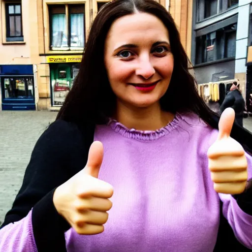 Prompt: casual photograph of a woman giving a thumbs up in the city of marburg hesse, with the poise and appearance and clothing of the ( ( ( ( ( ( ( ( mona lisa ) ) ) ) ) ) ) ), taken in 2 0 1 9 with a digital camera, full color, head shot