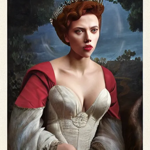 Image similar to scarlett johansson as a glamorous, queen, fantasy, renaissance painting, concept art
