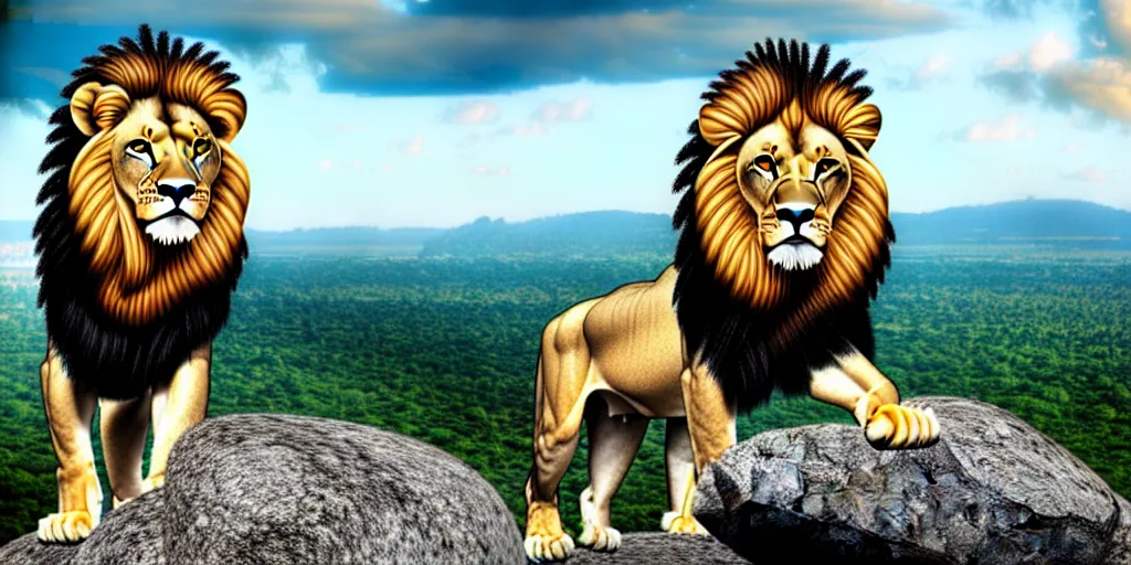 Image similar to hyperrealistic photo of a lion roaring on top of a rock over looking the jungle, 8 k