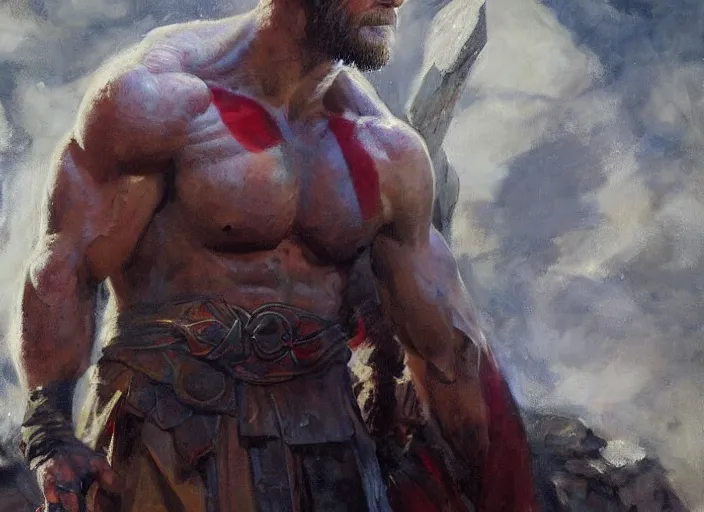 Image similar to a highly detailed beautiful portrait of chris hemsworth as kratos, by gregory manchess, james gurney, james jean