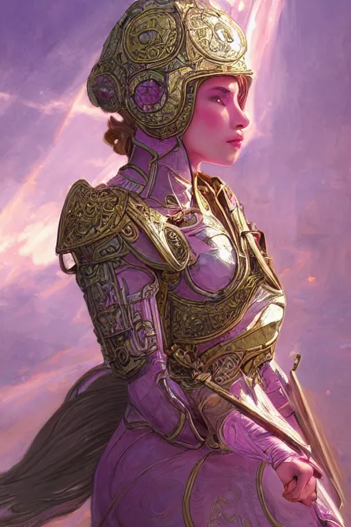 Image similar to portrait knights of Zodiac girl, metalic pink and pastel purple reflected armor, in ruined Agora of Athens sunrise, harp, ssci-fi, fantasy, intricate, very very beautiful, elegant, golden light, highly detailed, digital painting, artstation, concept art, smooth, sharp focus, illustration, art by tian zi and WLOP and alphonse mucha