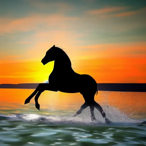 Image similar to a horse running on a lake, with sunset, photorealistic, cinematic, well detailed, HDR, 8k