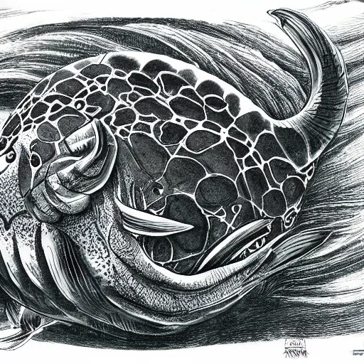 Prompt: a giant 3 eyed carp by kentaro miura