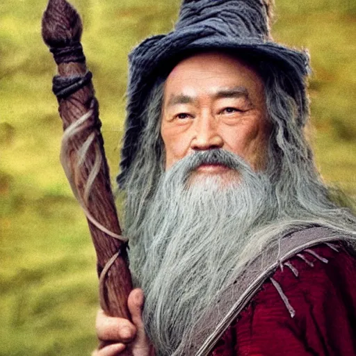 Prompt: a still from “ lord of the rings ” of a head and shoulders portrait of fei lung as a wizard with a hat and a wooden staff, photo by phil noto