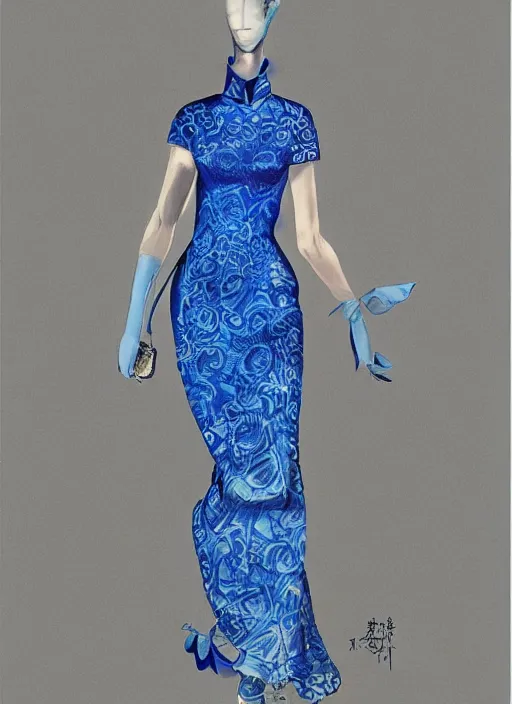 Image similar to blue qipao dress, fantasy illustration, concept art, dress design by alexander mcqueen