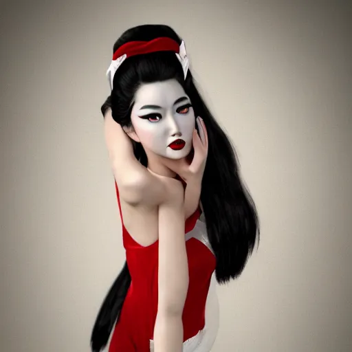 Image similar to pinup geisha, full body, goddess, cinematic lighting, beautiful face, horror, ultra detail, ultra realistic, photo realistic, octane render,