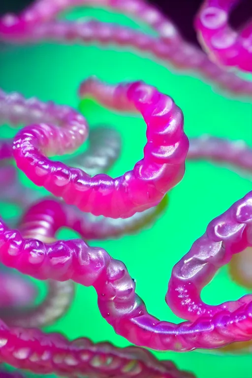 Prompt: high quality macro photo pearlescent gelatinous worms! gorgeous highly detailed hannah yata elson peter cinematic pink lighting high quality low angle hd 8k sharp shallow depth of field