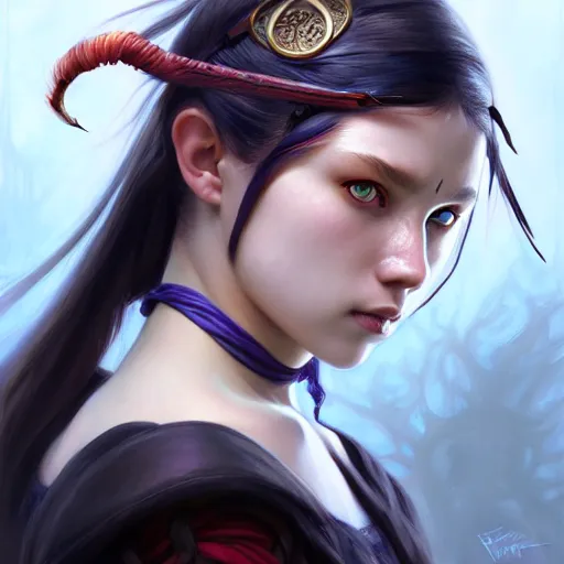 Image similar to portrait of the young ninja girl with heterochromia, d & d, left eye is blue and right eye is red, blond hair, face, dark fantasy, intricate, elegant, highly detailed, digital painting, artstation, concept art, smooth, sharp focus, illustration, art by artgerm and greg rutkowski and alphonse mucha