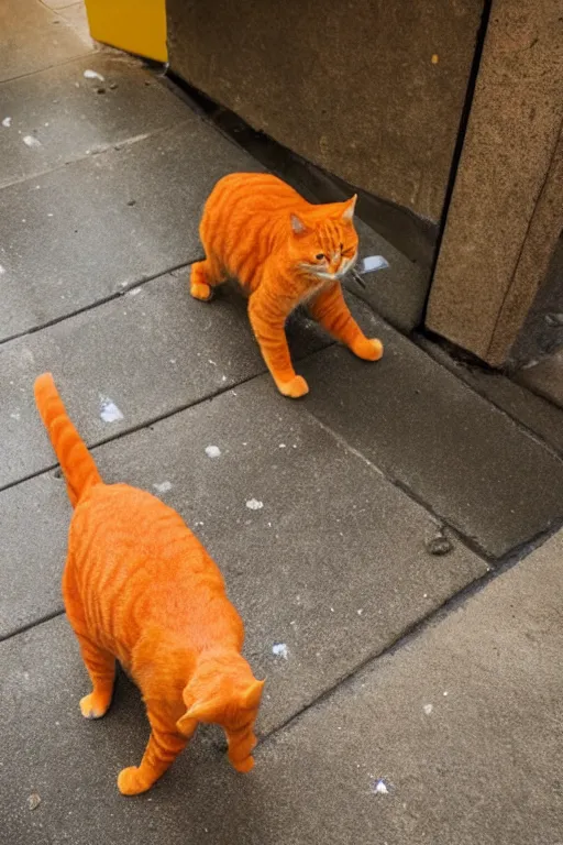 Prompt: An orange cat standing on its hind legs to pee in a urinal