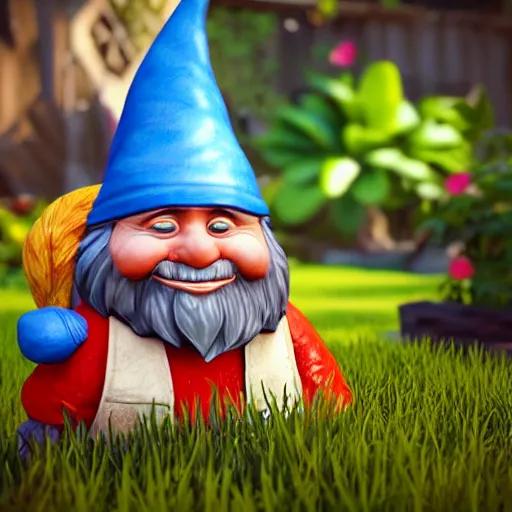 Image similar to gnome on a back yard, highly detailed, photorealistic portrait, bright studio setting, studio lighting, crisp quality and light reflections, unreal engine 5 quality render